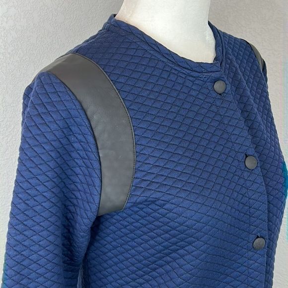 Sezane Quilted Long Line Jacket Navy with Black Leather Trim Size Medium - Picture 5 of 15